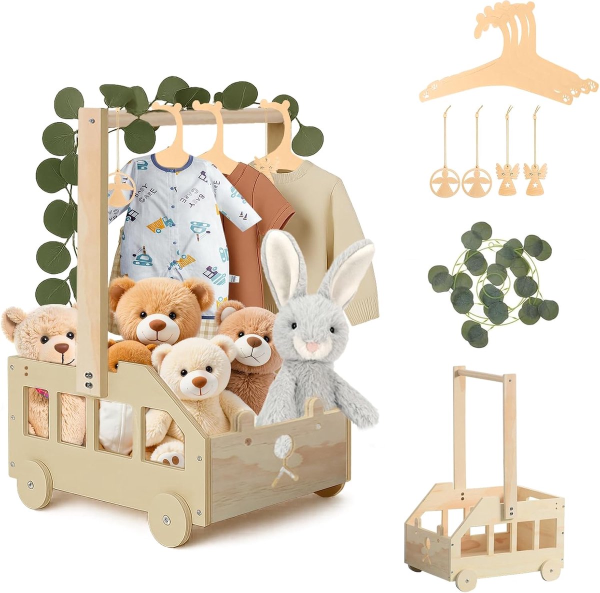 Houten Baby Basket met Handvat - Baby Basket Newborn met Groene Klimplant Takken - Wrap Basket - Kinder Shower - Houten Doos - Zwangerschap Cadeau voor Nieuwe Ouders