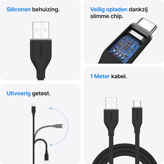 Twee zwarte Voomy oplaadkabels, 1 meter, met USB-A en USB-C connectoren.