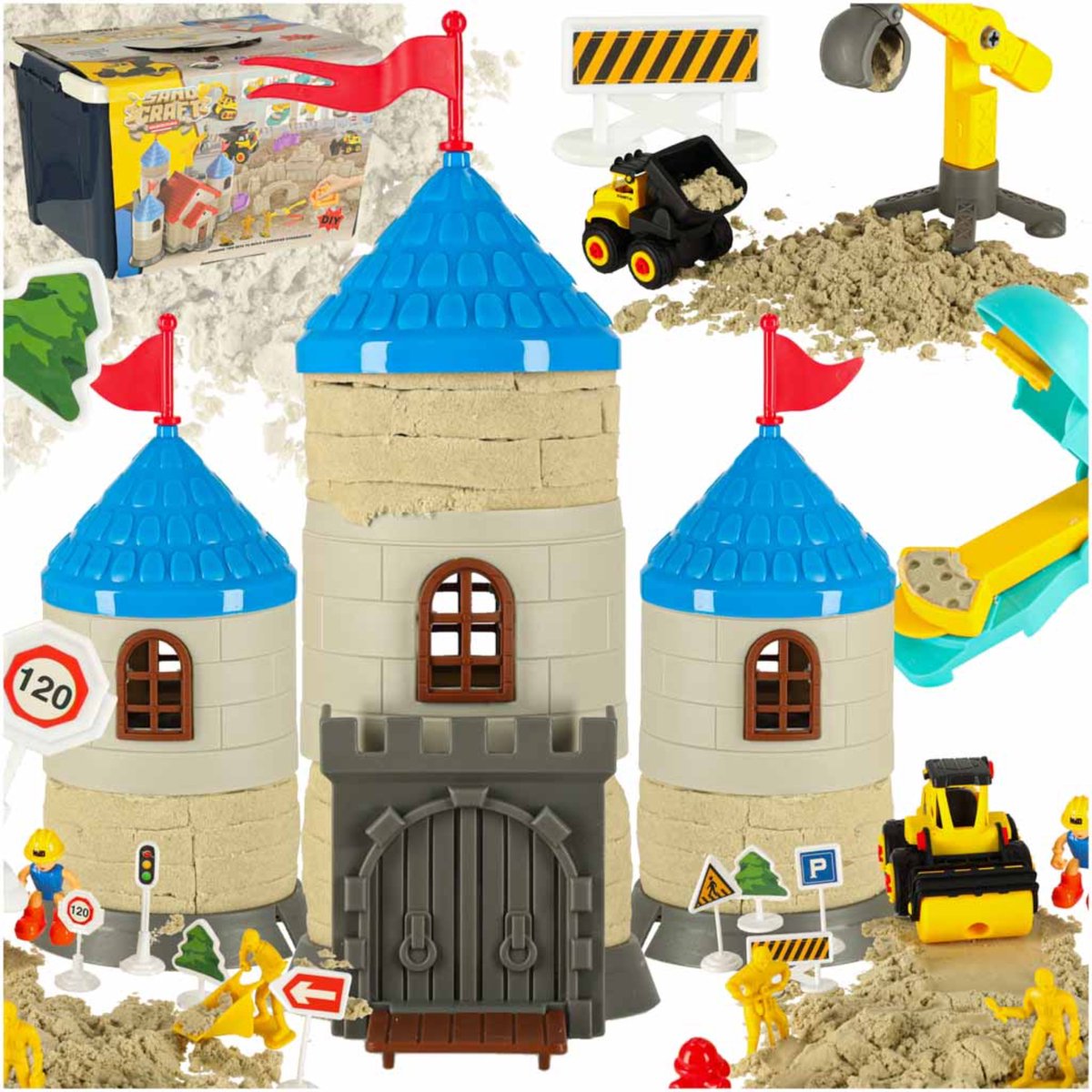 Sand Craft - Sensorisch Bouwzand voor Kinderen – 1100g Zand met Bouwvoertuigen, Kasteelvormen & Accessoires – Creatieve STEM Zandset voor Jongens & Meisjes 3+