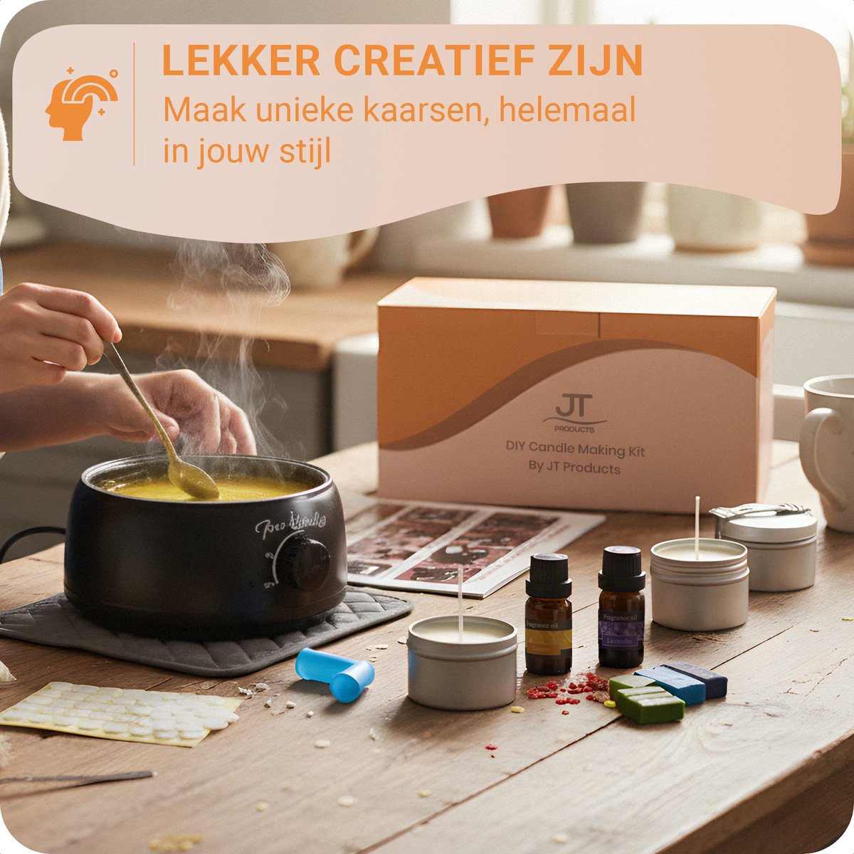 JT Products Kaarsen Maken Set - Inclusief 480 Gram Soja Wax - Inclusief Wax Smeltapparaat - E-Book - Kaarsen Maken Voor Volwassenen - Kaarsen Maken Starterspakket - Geurkaars - Candle Making Kit - DIY - Moederdag Cadeau - Cadeautje Voor Mama — afbeelding 2