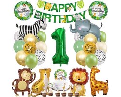 Verjaardagsdecoratie Set - 1 Jaar - Jungle Thema - Ballonnen Vlaggen Taart Banner en meer - Kinderfeest