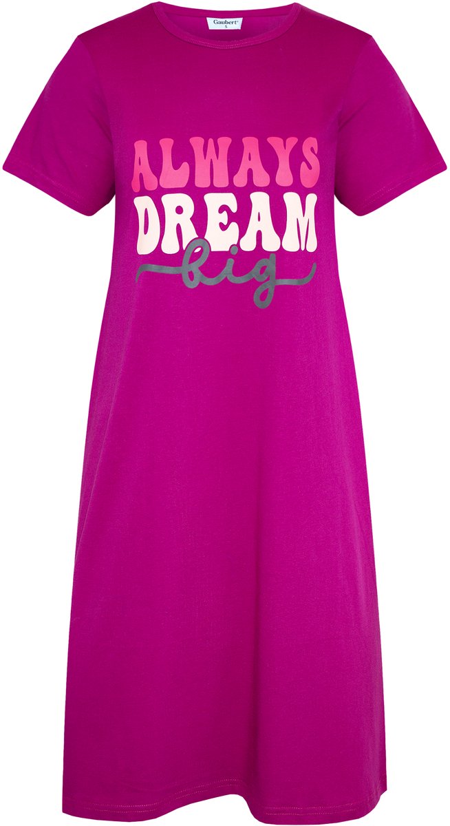Gaubert Essential Dames Nachthemd Korte Mouw - Premium Gekamd Katoen - Always Dream Big - Fuchsia - Maat M - GB-6805