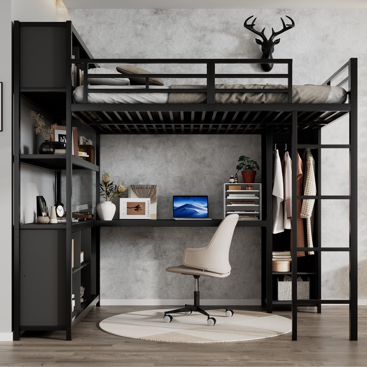 Merax Hoogslaper 140x200 cm - met bureau - met kast - met opbergruimte - zwart - zonder matras