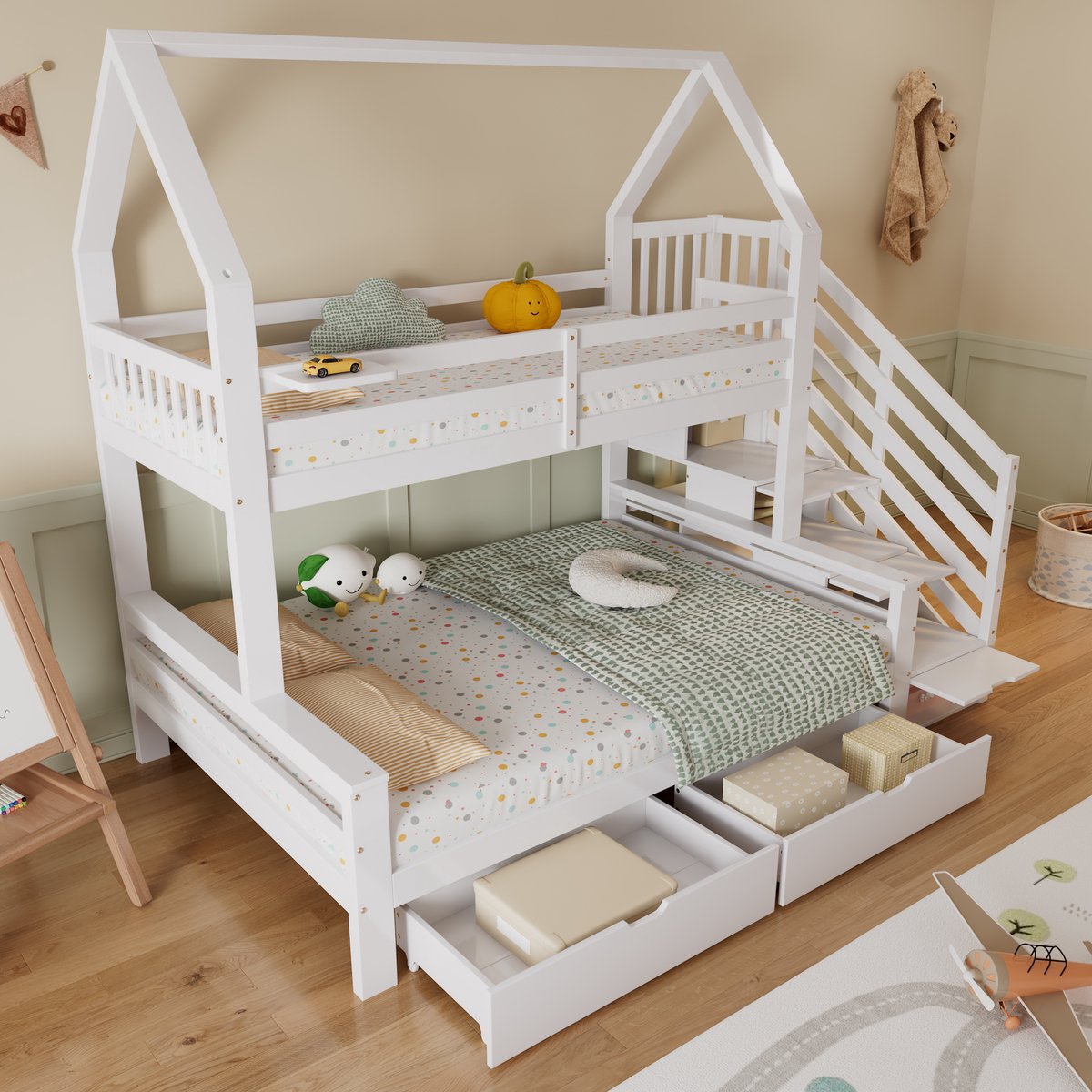 Merax Stapelbed - kinderbed - met rollers en 2 laden - dakontwerp - met veiligheidsleuning en trapopbergkast - wit - 90x200cm en 140x200cm - zonder matras