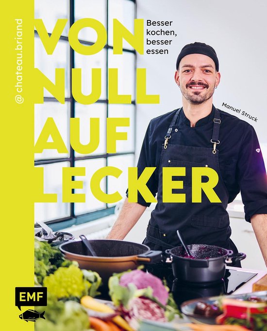 Een man in een koksuniform staat achter een aanrecht met groenten. Grote gele tekst op de linkerzijde zegt "Von Null auf Lecker".