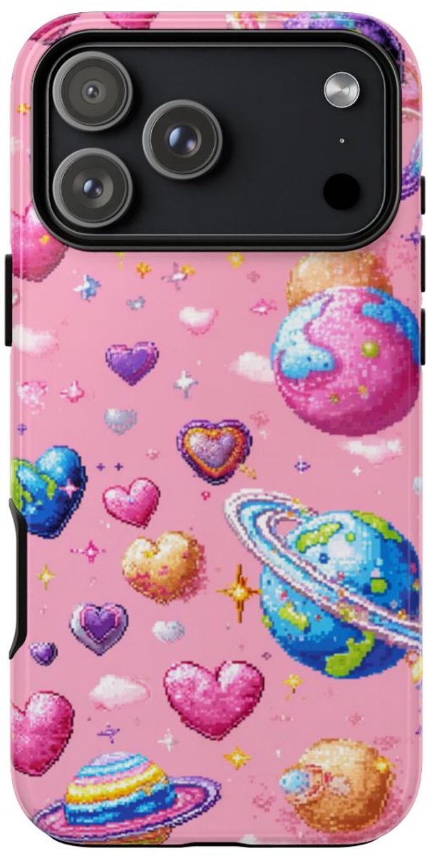 Pixel Art Harten en Planeten Patroon – Telefoonhoesje Geschikt voor iPhone 17 Pro Max