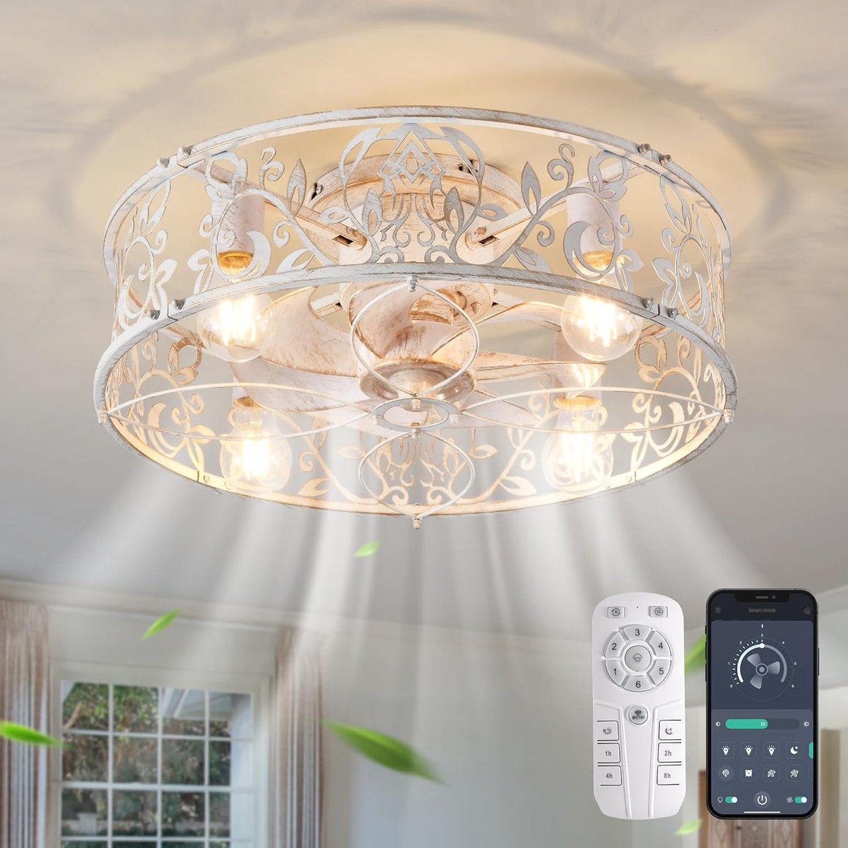 Equivera Plafonniere met Ventilator - Plafondventilator - Met Afstandsbediening - Wit - Plafondventilator Slaapkamer - 4 Lichten - Plafonniere