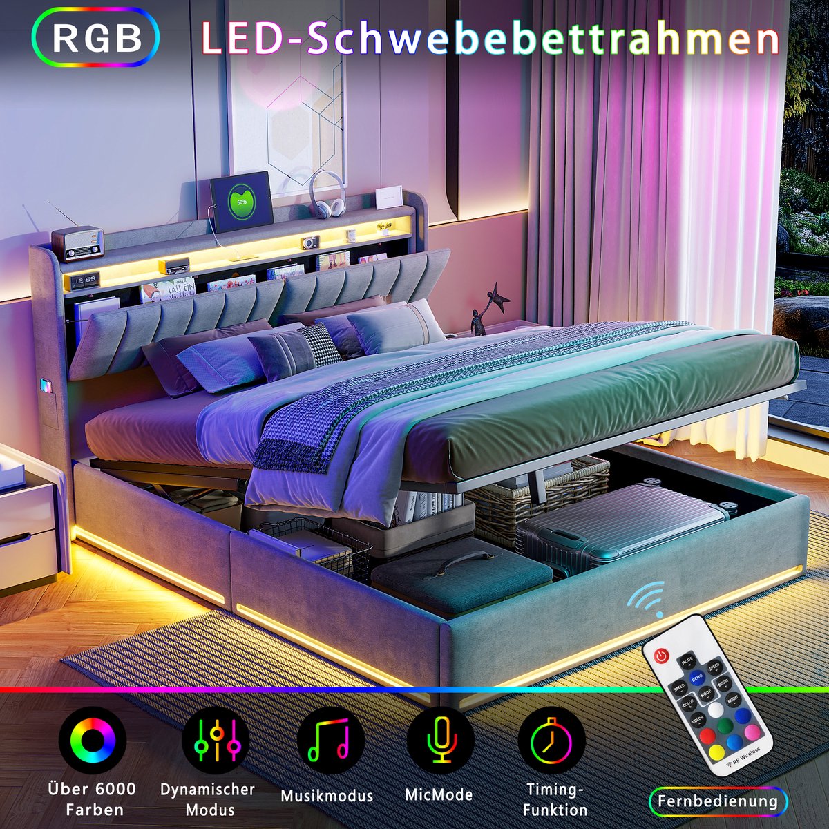 BursDany Tweepersoons Opbergbed 160x200 cm met LED en USB, opberghoofdeinde - gestoffeerd bedframe voor volwassenen en tieners, 500 kg ondersteuning, grijs fluweel (zonder matras)