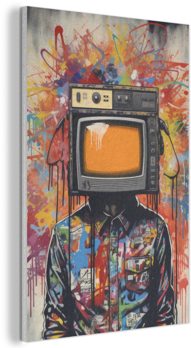 Akoestisch wandpaneel 60x90 cm - Vilt schilderij Televisie - Graffiti - Mens - Kleuren - Akoestische panelen - Geluidsdempende wanddecoratie - Geluidsisolatie woonkamer - Muurdecoratie geluidspanelen