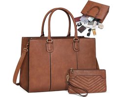 Handtas voor dames, 15,6 inch, shopper, grote werktas, tote met clutch, PU-leer, aktetas, laptoptas, messenger schoudertas voor school, kantoor, reizen, business