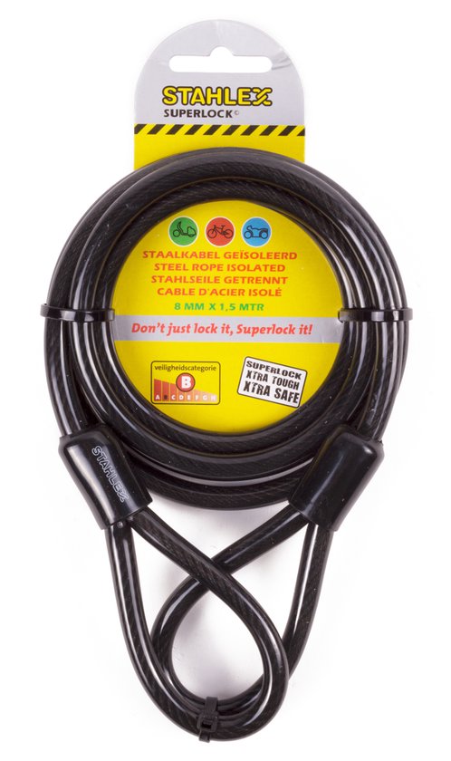 Zwarte Stahlex Superlock staalkabel met lussen, 8 mm x 1,5 mtr.