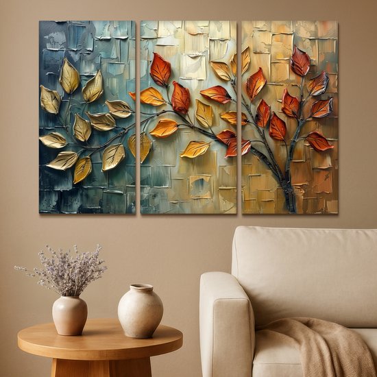 Ensemble de peinture sur toile 120x80 cm - Décoration murale triptyque - Arbre - Feuilles - Nature - Aspect peinture - Décoration murale murale salon - Décoration chambre - Accessoires chambre - Peintures sur toile