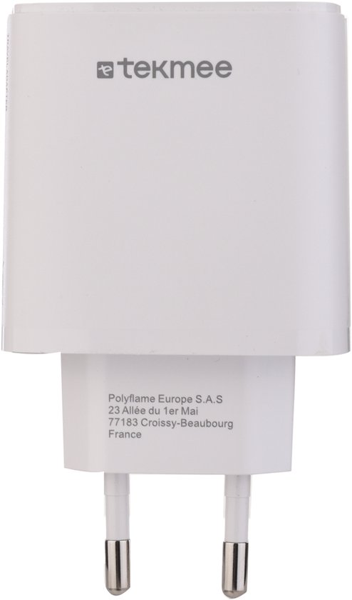 Witte Tekmee GaN 45W oplader met 2x USB-C en 1x USB-A poorten.