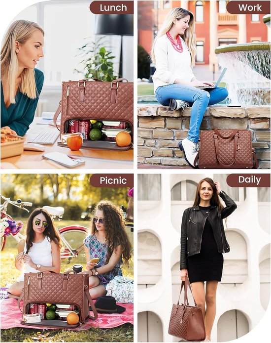 Lunchtas voor dames, 15,6 inch laptoptas met geïsoleerd lunchvak, grote laptoptas met portemonnee voor zaken, werk, verpleegkundige, kantoor, universiteit, vrije tijd, 42 * 18 * 30 cm, bruin van Lovevook — afbeelding 5
