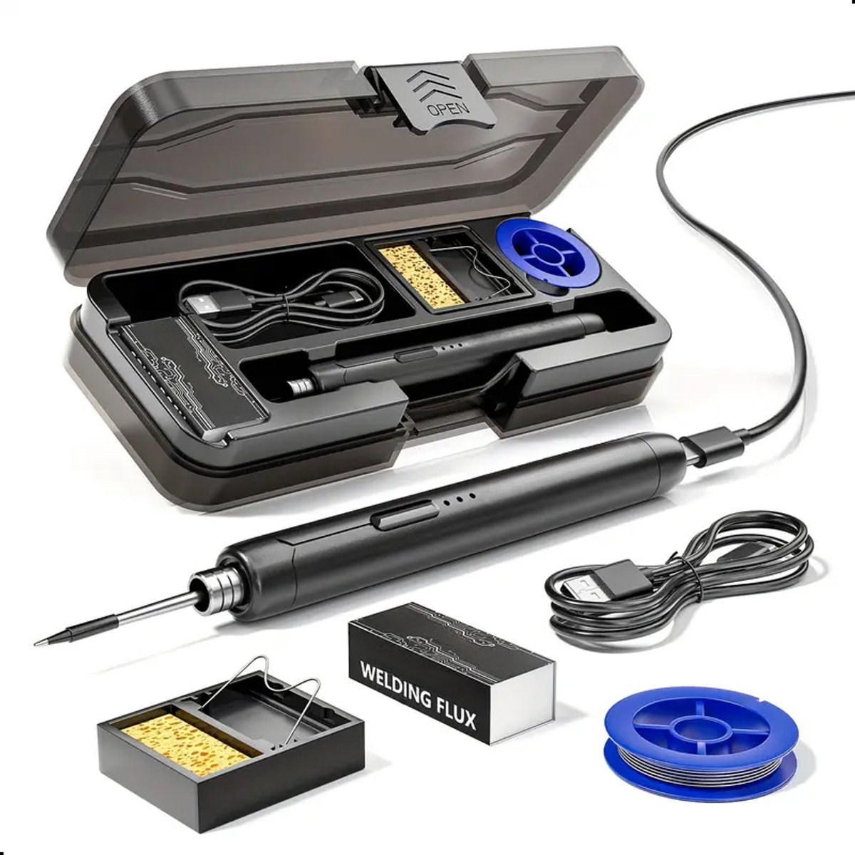 Tech Essentials Draadloze Soldeerbout - 8W - USB-C - Met Tin - Kit - Fijnsoldeerwerk - Pen - Accu - Soldeerset - Solder - Zwart