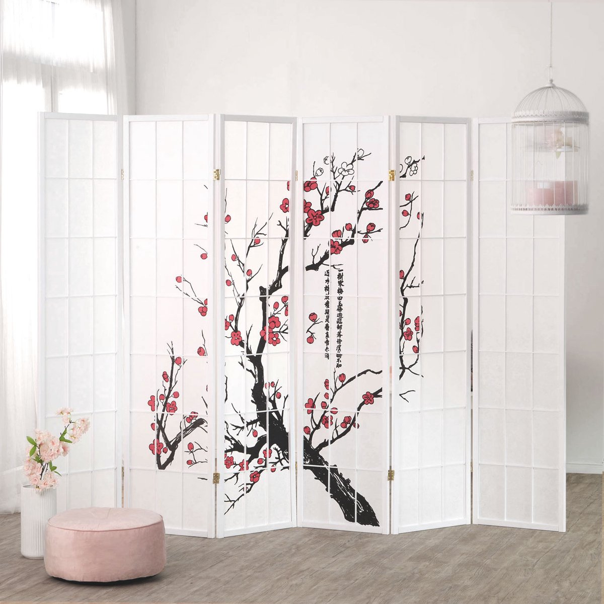 Homestyle4u kamerscherm - 264x179 cm - wit - 6-delig - kersen