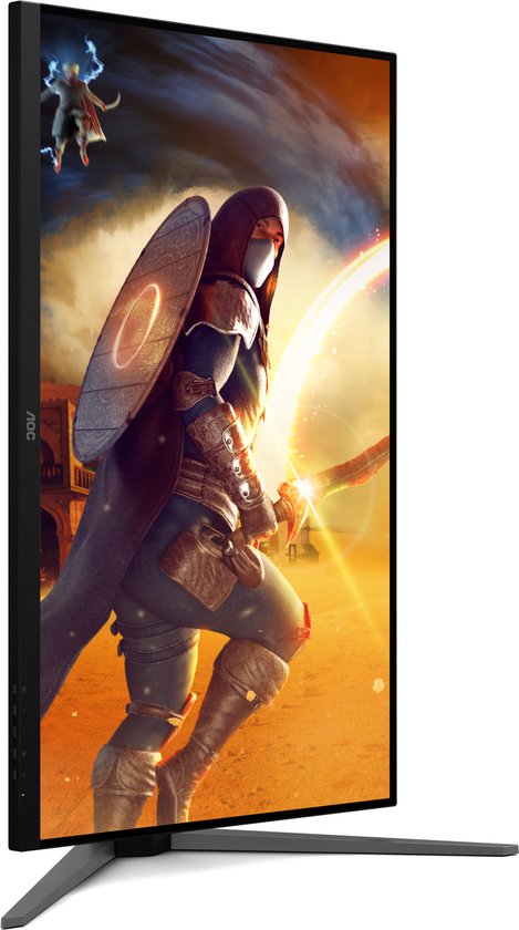 Zijaanzicht van een AOC gaming monitor met beeldscherm vol actie-game afbeelding.