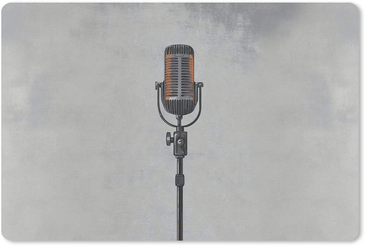 Muismat XXL 90x60 cm - Bureau onderlegger - Bureau mat Microfoon - Vintage - Illustratie - Grijs - Bureaumat - Gaming mousepad xl - Bureaulegger groot - Computer deskmat