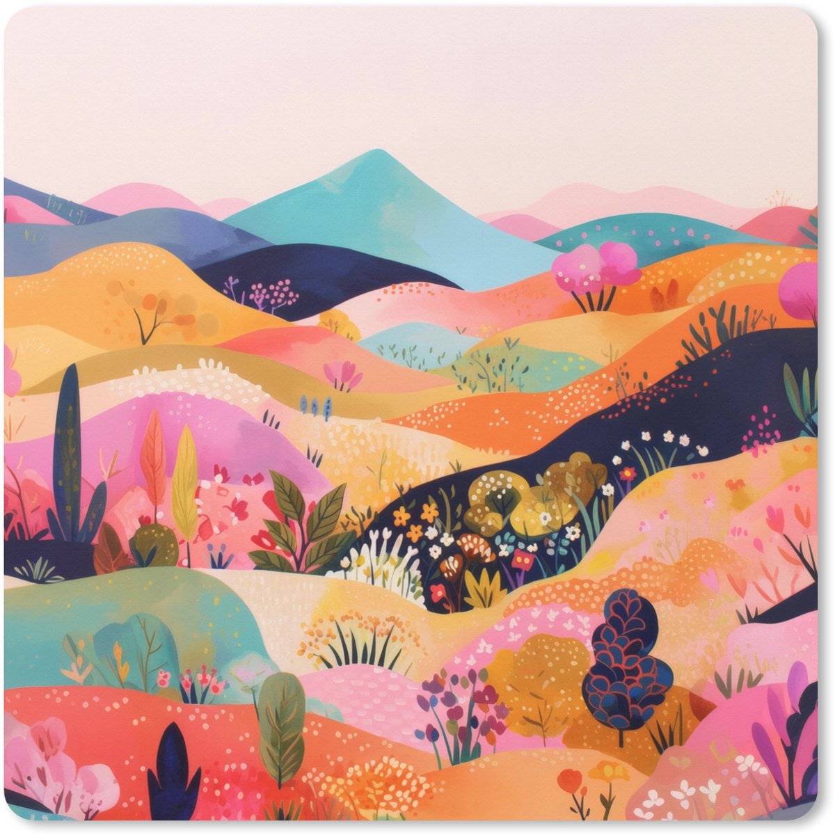 Muismat XXL 50x50 cm - Bureau onderlegger - Bureau mat Golvende heuvels - Abstracte planten - Dromerig - Bureaumat - Gaming mousepad xl - Bureaulegger groot - Computer deskmat