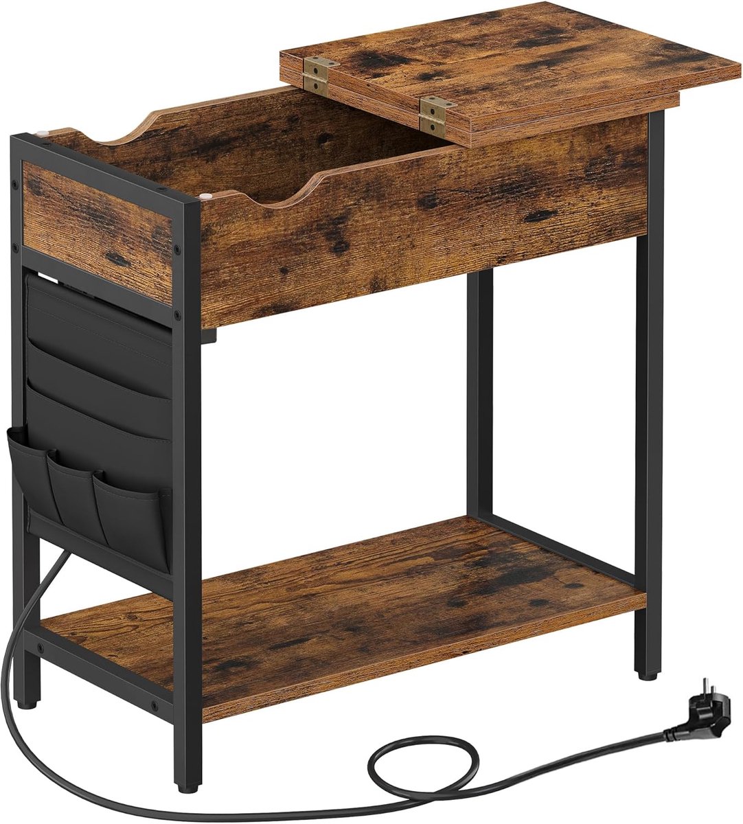 FurnStar – Smalle bijzettafel – Nachtkastje met stopcontact & USB-poorten – Inclusief stoffen opbergtas – 31,5 x 60 x 60 cm – Vintage bruin-zwart