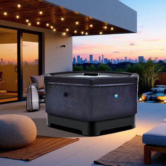 Luxe Jacuzzi Spa Octopus – 6 Persoons Bubbelbad – Semi-Rigid Opblaasbare Whirlpool – 100 Airjets – Verwarming, Filterpomp & Afdekhoes – 193x193x73 cm – 1000L – Zwart Hometotry