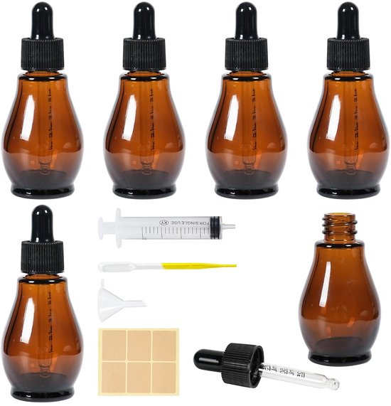 Peervormige Glazen Pipetflesjes - Set van 6 - Amber - 30ml