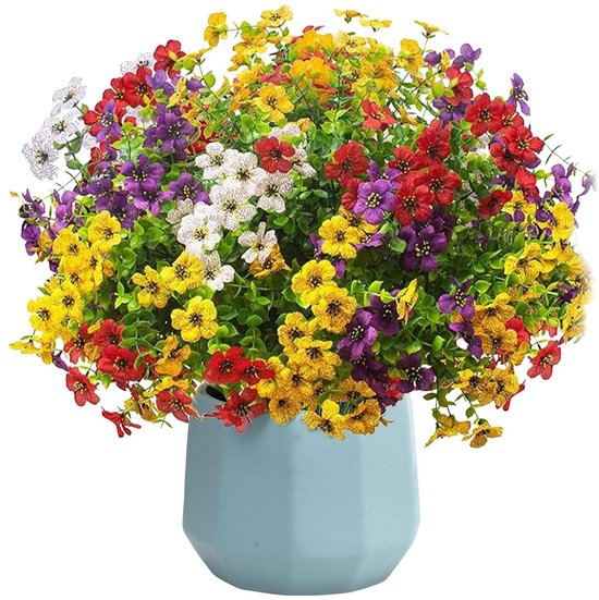 ROLLWAY 6 bundels kunstbloemen zoals echte lente-kunstbloemenboeket, balkon, outdoor, weerbestendig, zijden bloemen voor binnen en buiten, balkonbak