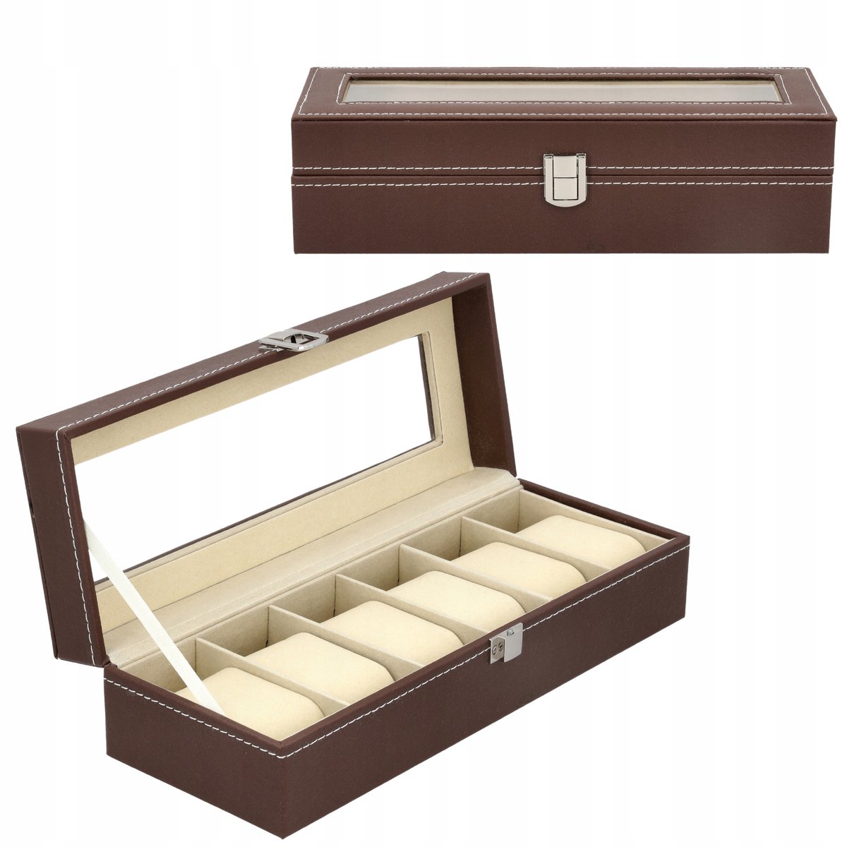 Bruine Horlogedoos Organizer voor 6 Horloges met Glazen Deksel