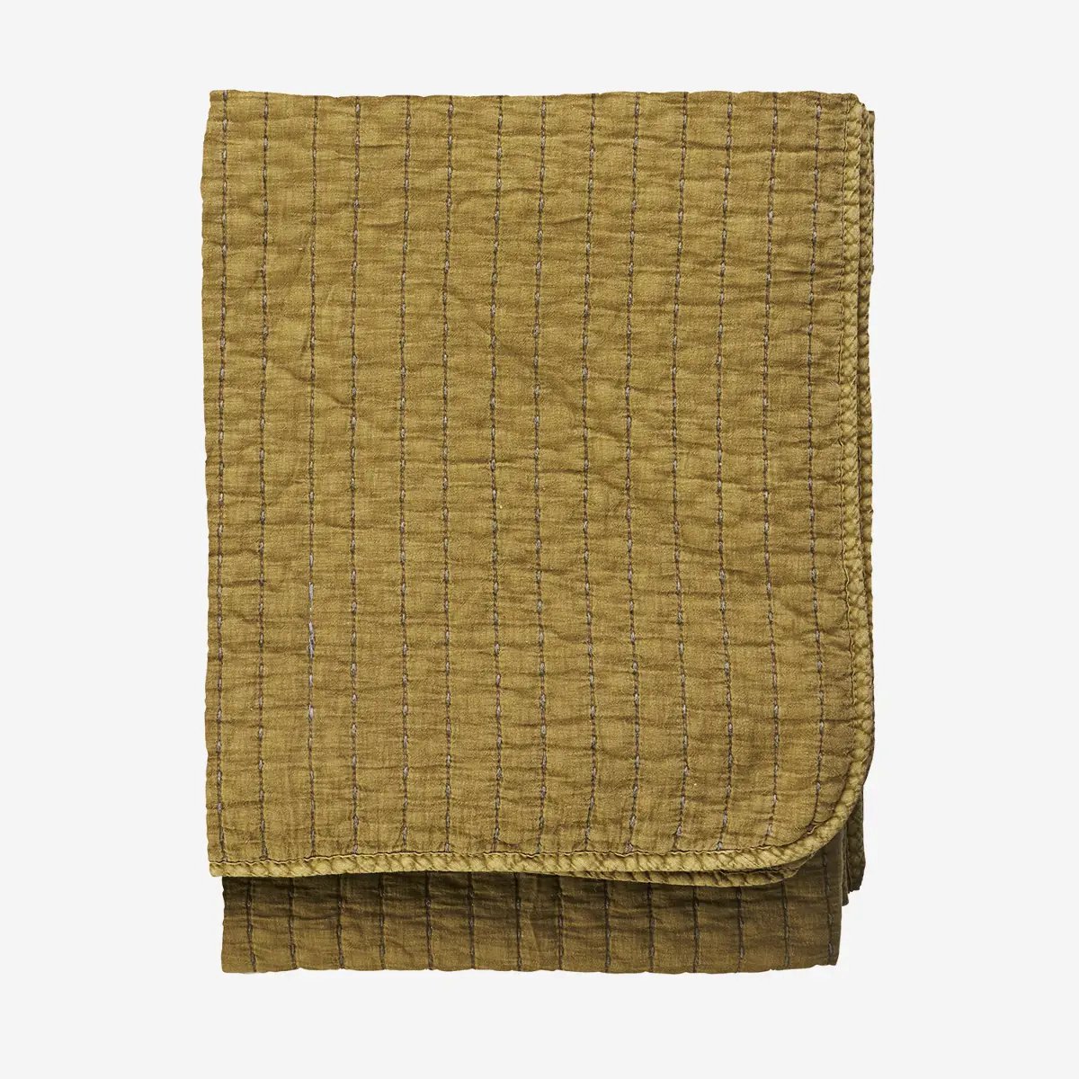 Madam Stoltz - Doorgestikte Katoenen Plaid - Mosterdgoud - 130x180 cm