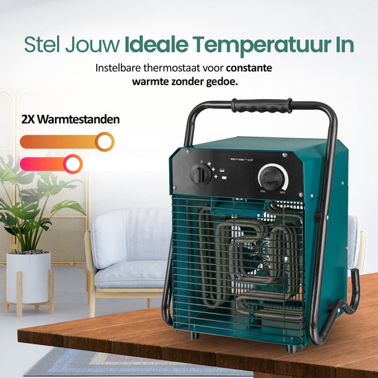 Groene verwarming met draaggreep en instelbare thermostaat. "Stel Jouw Ideale Temperatuur In".