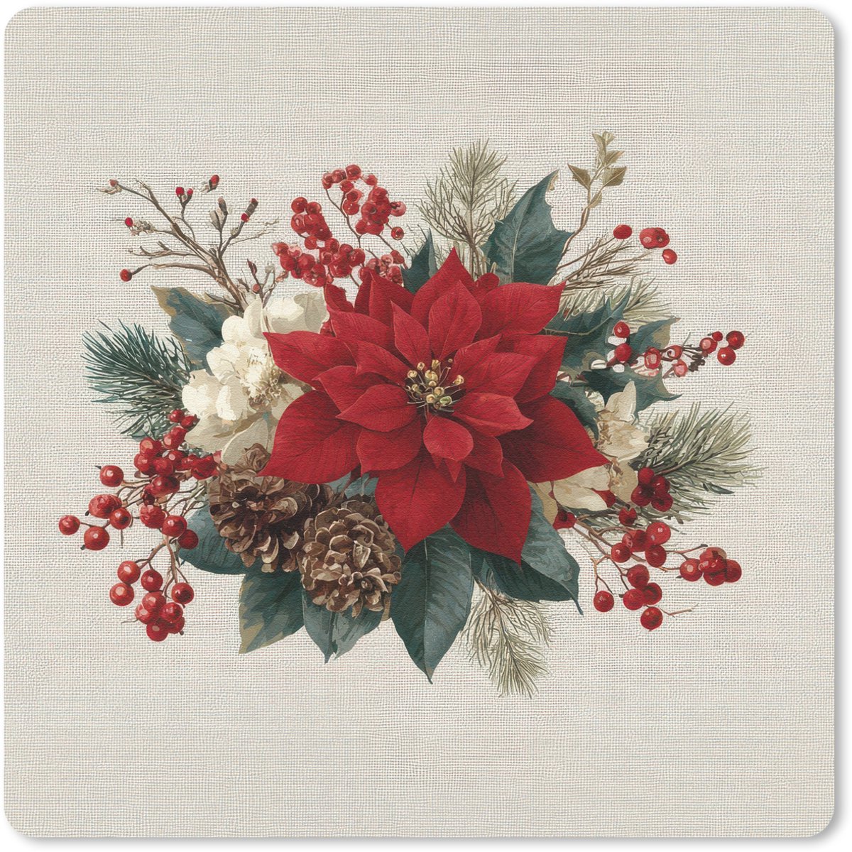 Muismat 30x30 cm - Mousepad Kerststuk - Poinsettia - Dennenappels - Rood - Muismatten