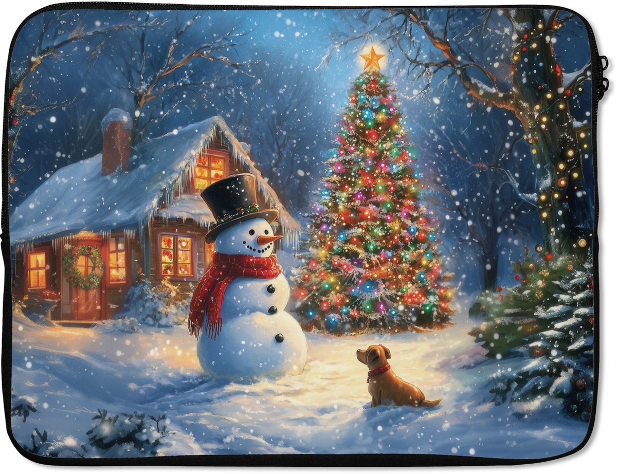 Laptophoes 17 inch - Kerstwonder - Winteravond - Kleurrijk - Laptop sleeve - Binnenmaat 41x28 cm - Zwarte achterkant