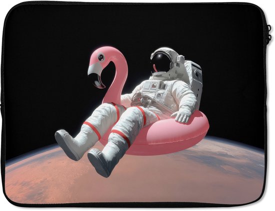 Laptophoes 17 inch - Astronaut - Flamingo - Zwemband - Roze - Laptop sleeve - Binnenmaat 41x28 cm - Zwarte achterkant