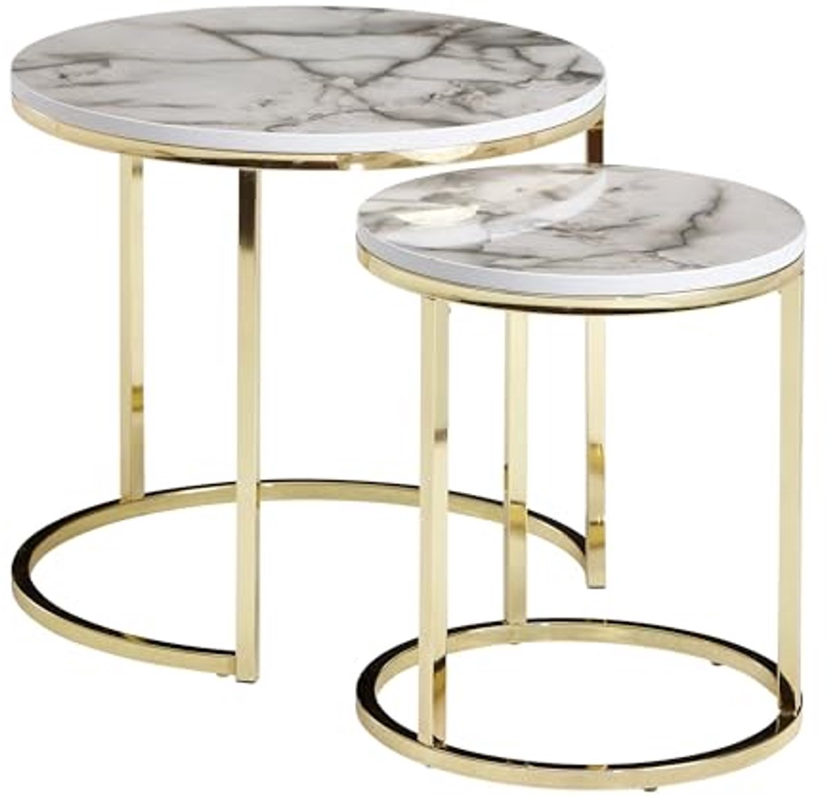 Moderne set van 2 ronde bijzettafels met marmerlook en gouden frame