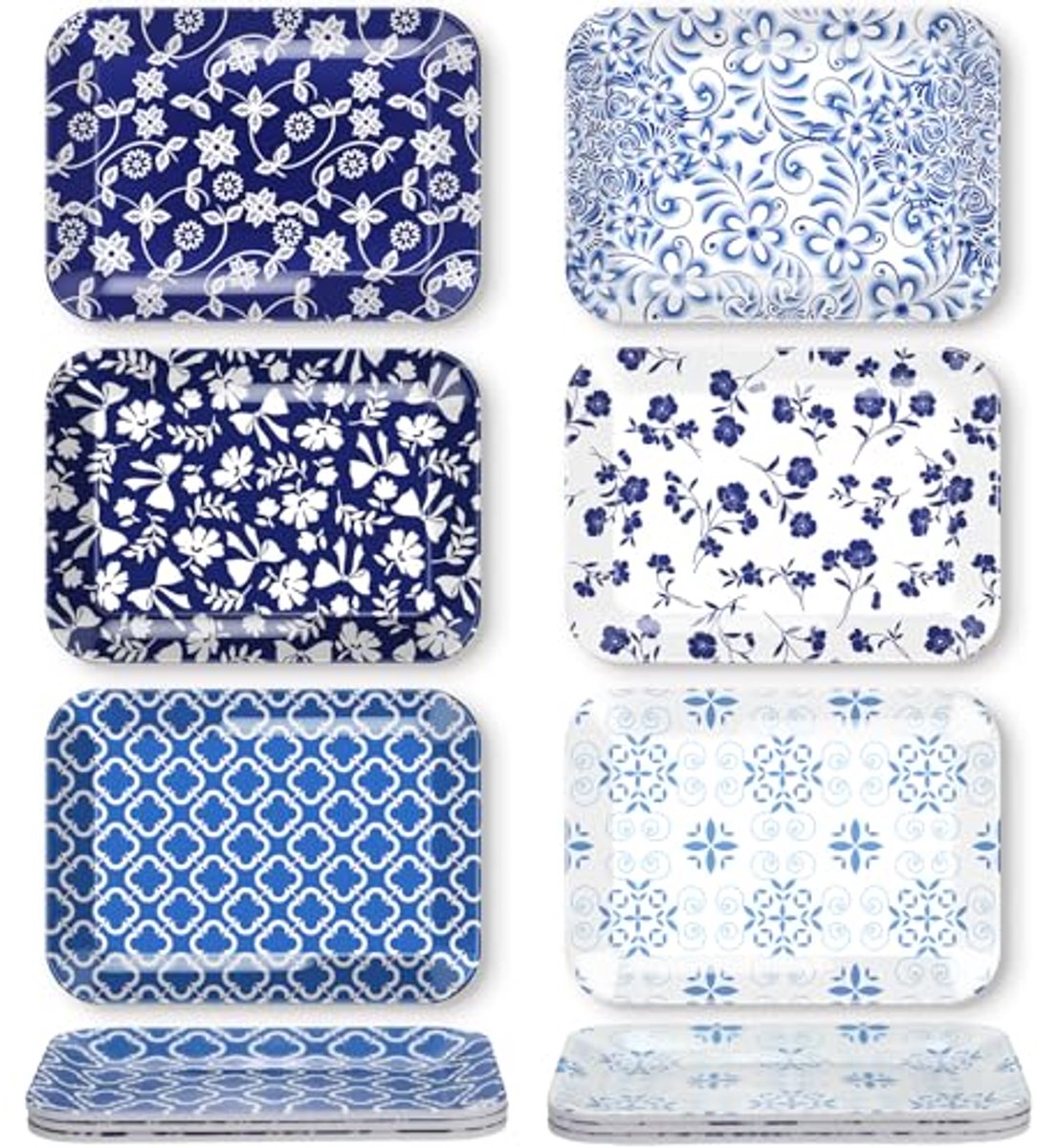 12 Stuks Melamine Rechthoekige Schalen 20 cm - Blauwe en Witte Imitatie Keramiek Serveerschalen voor Salades, Desserts, Sushi en Voorgerechten - Magnetron en Vaatwasmachinebestendig