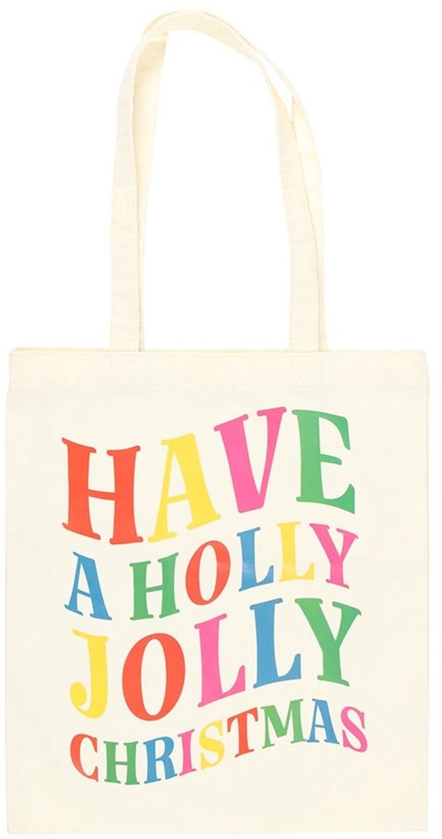 Feestelijke 'Holly Jolly Christmas' Polyester Tote Bag - Ecru Draagtas met Kleurrijke Kersttekst - 65 cm