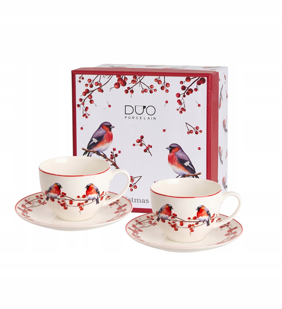 Duo Kerst Vogels 3 Porseleinen Kopjes met Schotels (2 stuks)