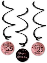 Q2P - 25 Jaar Versiering - Slingers - Verjaardag Versiering - Decoratie - Rose Goud & Zwart - Hangdeco - 3 Stuks