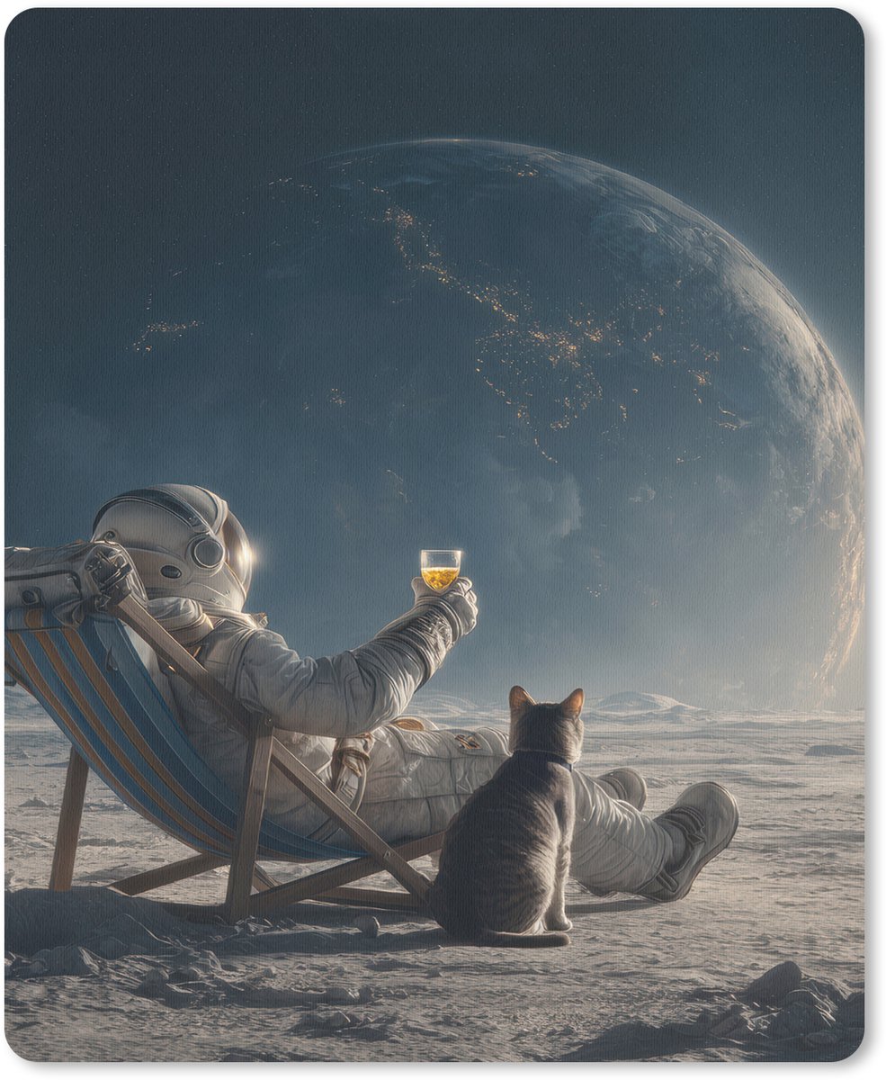 Muismat 19x23 cm - Mousepad Maan - Kat - Astronaut - Ruimte - Muismatten