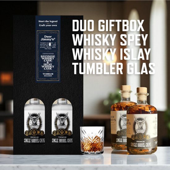 Deer Jimmy's® Make Your Own Whiskey - Gift Set met whiskey tumbler glas - Schotse Whisky Speyside & Islay Cask - Rijp je eigen drank met houtsnippers van een gebruikt whisky vat