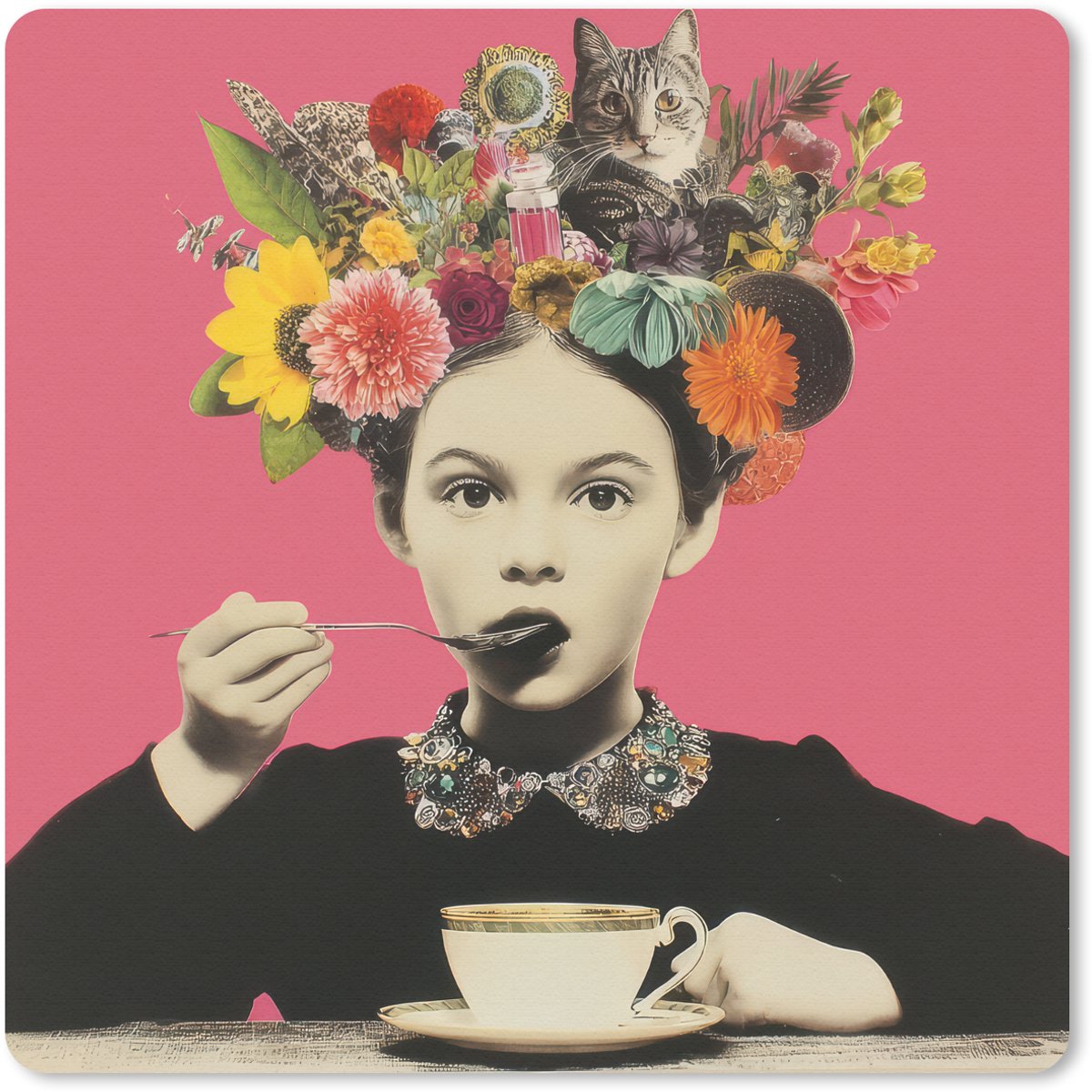 Muismat 30x30 cm - Mousepad Meisje - Kopje - Bloemen - Roze - Muismatten