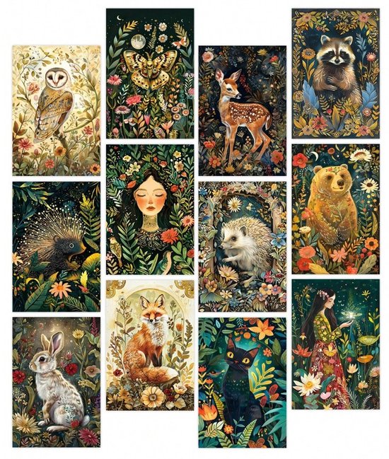 Set van 12 kaarten met elf dierenscènes: uil, egel, vos, beer, hert, kat, wasbeer, konijn, stekelvarken, vlinder en twee portretten van een vrouw in bloemen.