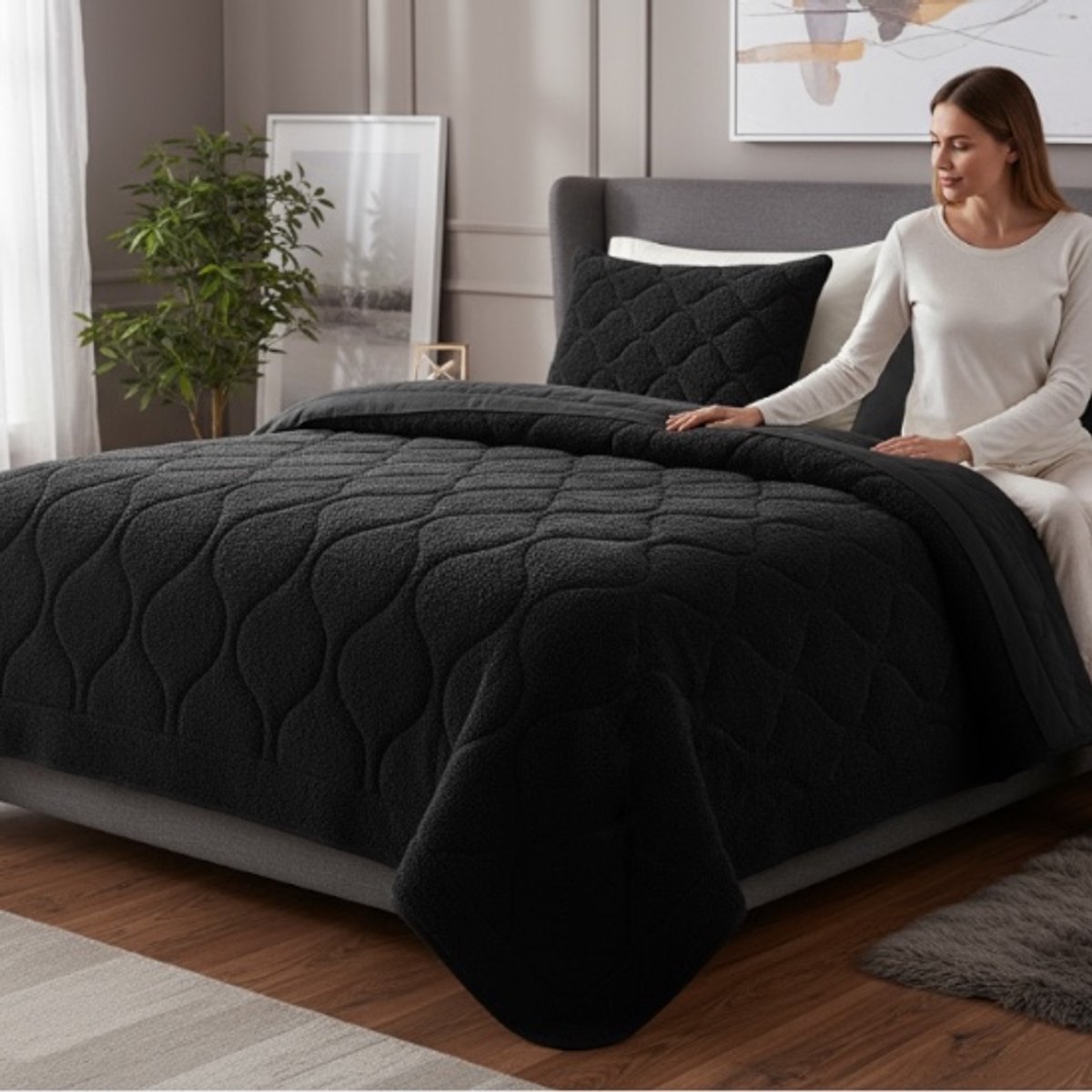 Bedsupplies - Lazy Dekbed - Dekbed Zonder Overtrek - Teddy - 140x200 - Met Kussensloop 60x70 - Zwart