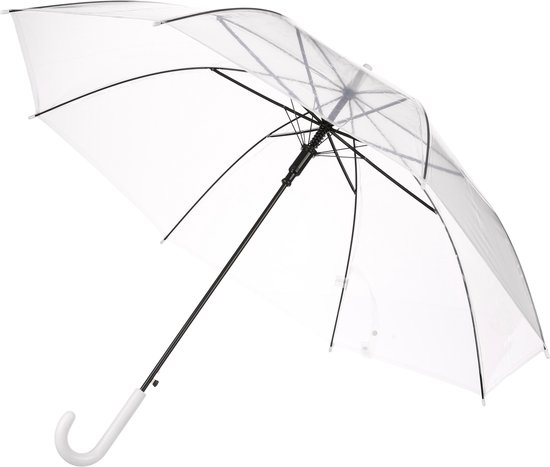 Een geopende doorzichtige paraplu met zwarte baleinen en een witte haakgreep.