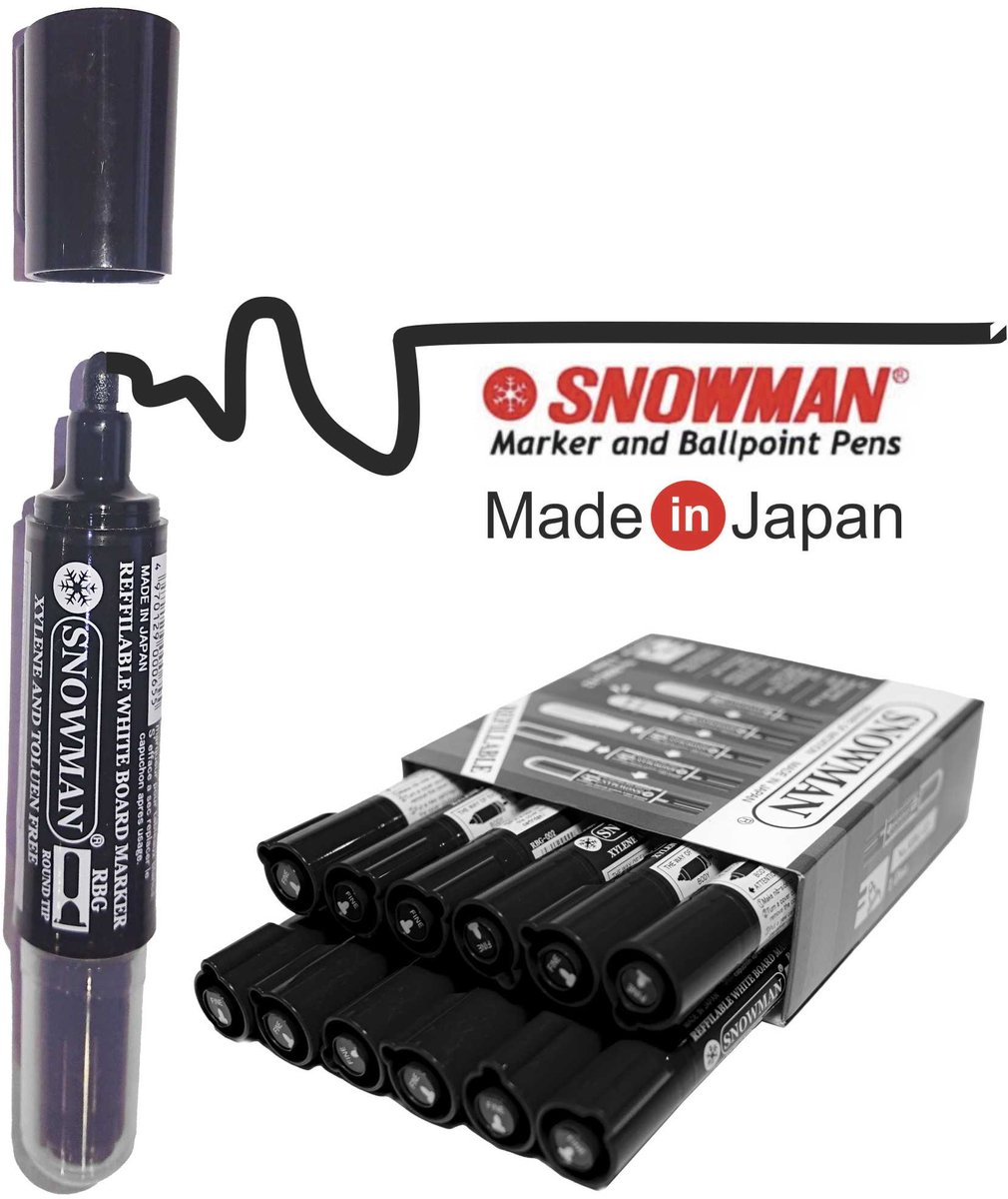 Snowman RBG Zwart Whiteboard Markers, 12 Stuks, Navulbaar