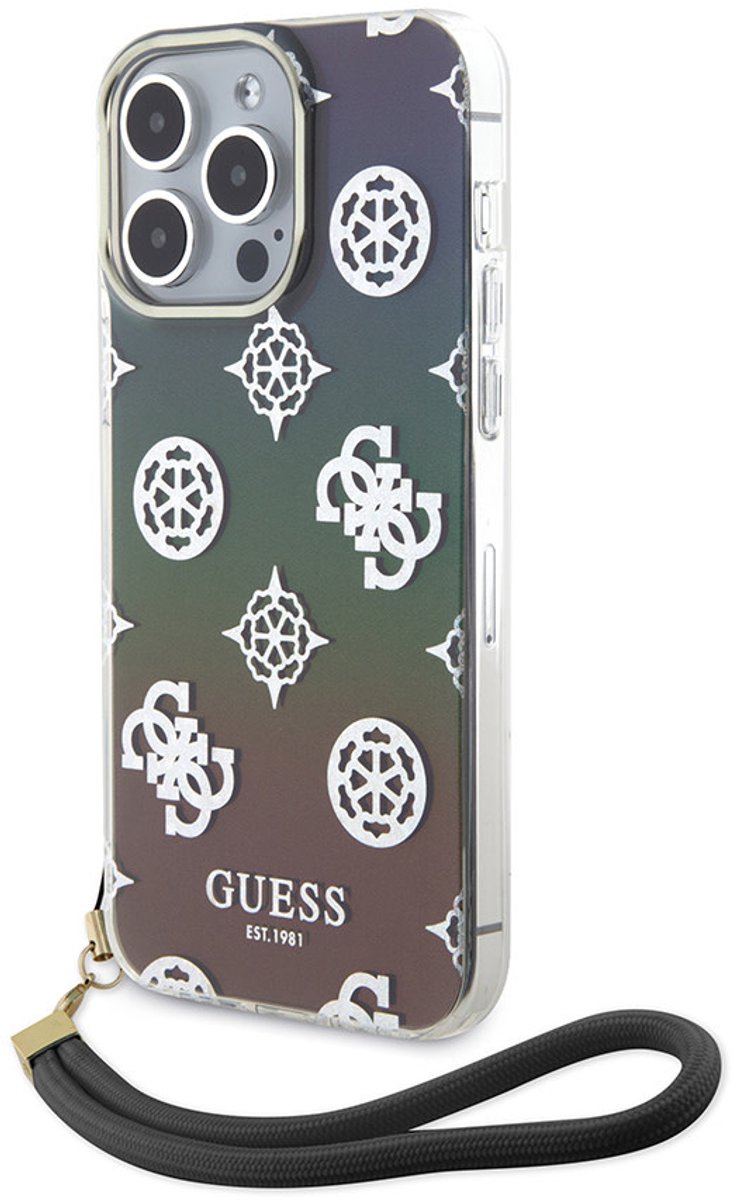 Guess Back Cover voor iPhone 15 Pro Max - Zwart - Glitter pattern - Inclusief polskoord