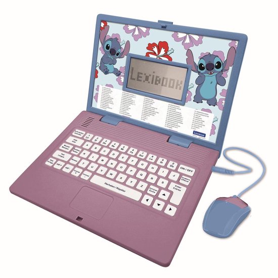 Roze Lexibook laptop met Stitch-afbeelding, een scherm met activiteiten en een blauwe muis.