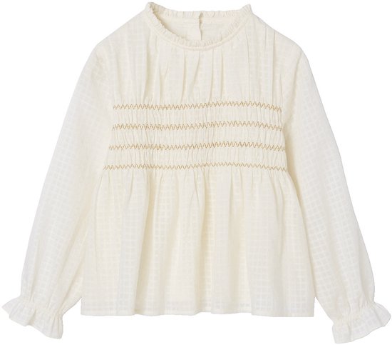 Crèmekleurige blouse met opstaande kraag, smockwerk op de borst met gouddraad en klokmouwen.