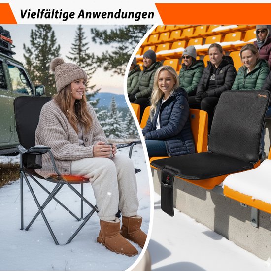 Collage van het verwarmde zitkussen in gebruik: vrouw in klapstoel bij besneeuwd bos, vrouwen zittend op tribune bij sportevenement.