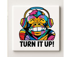 Kleurrijke Aap met Koptelefoon Kunsttegel – 15×15 cm Keramische Wanddecoratie – Grappig “Turn It Up!” Muziekliefhebber Cadeau voor Thuis of Studio